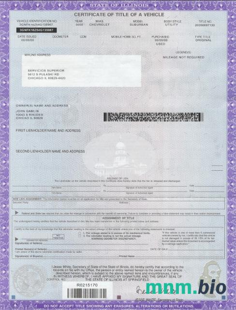 USA state Illinois certyfikat of title of a vehicle szablon w formacie PSD